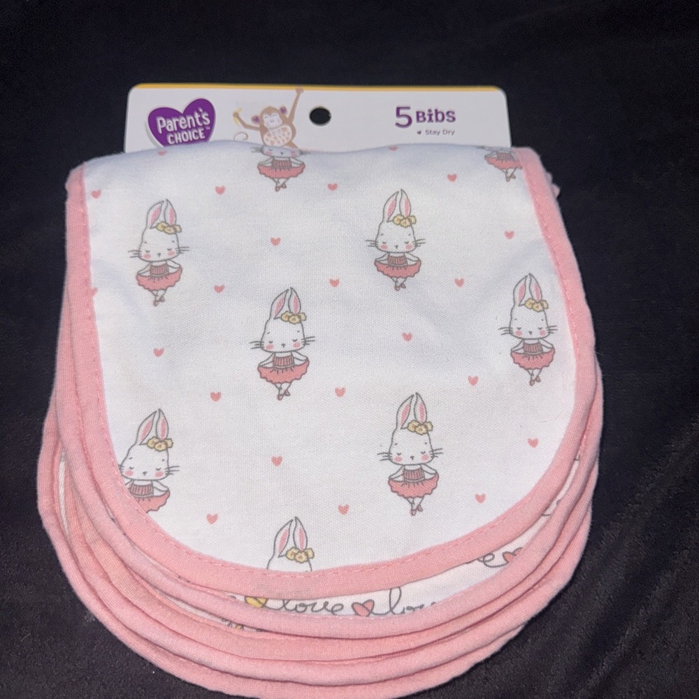 5 Pack Parent's Choice Infant Toddler Bibs Girls Pink & White Hearts, Ballerina,